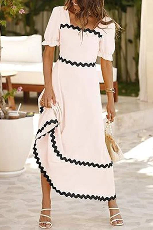 PUFF SQUARE NECK MAXI DRESS Trendy Short Sleeve Maxi Dress