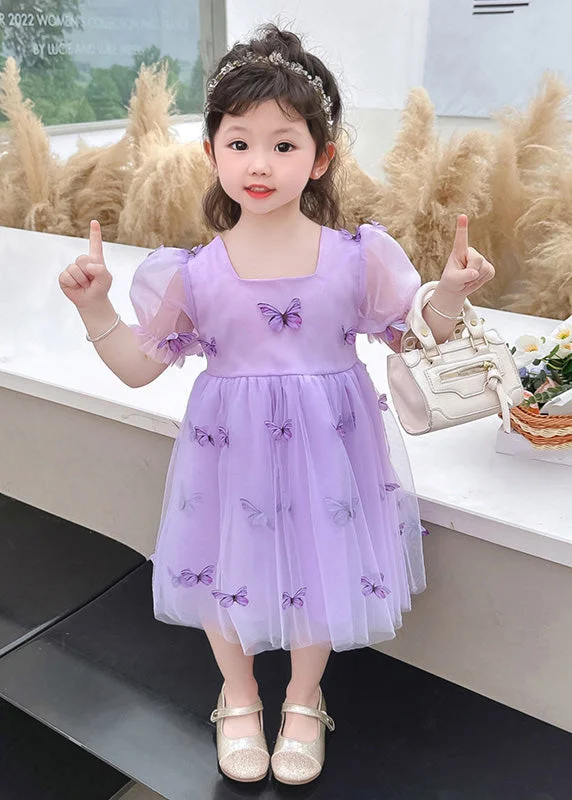 Purple Wrinkled Bow Tulle Kids Vacation Maxi Dresses Summer Elegant Lace Maxi Dress