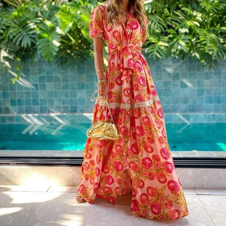 RED PRINTED SHORT PUFF SLEEVE BOHEMIAN MAXI DRESS Elegant Maxi Dress with Drapes