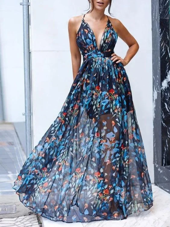 Sleeveless Sexy Summer Deep V neck Maxi Dress Trendy Off-Shoulder Ruffle Maxi Dress