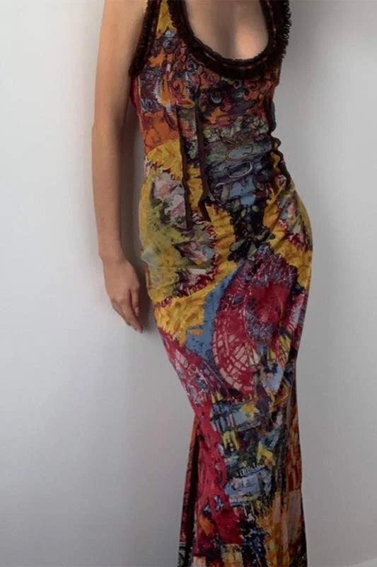 RETRO ART PRINT MAXI DRESS Comfortable Satin Maxi Dress