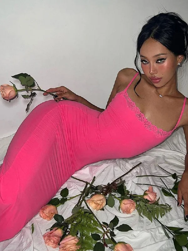 Rose Red Lace Long Slip Dress Women Sexy Strap Backless Slim Maxi Dress Summer Elegant Sleeveless Evening Club Party Sundress Stylish Button-Up Maxi Dress