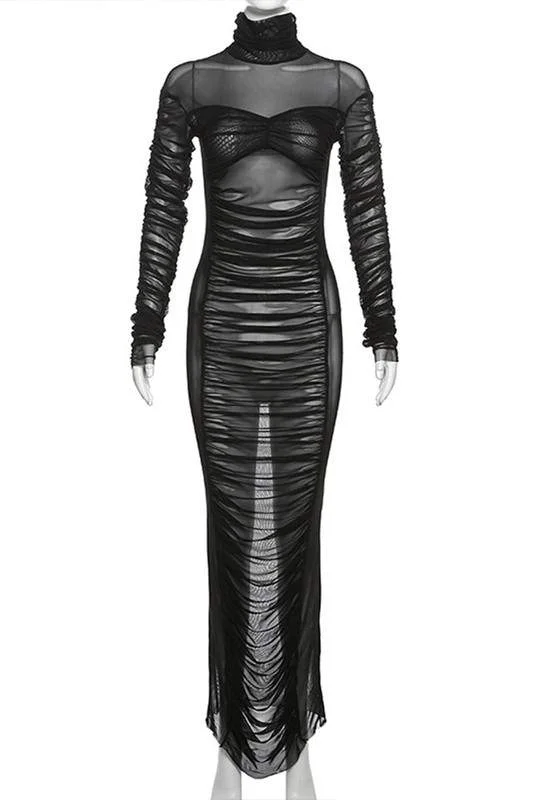 RUCHED MESH MAXI DRESS Elegant Sleeveless Maxi Dress