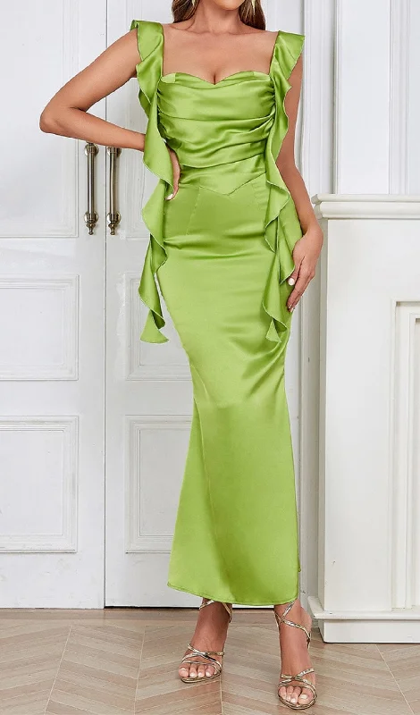RUCHED SATIN MAXI DRESS IN GREEN Comfortable Casual Maxi Dress
