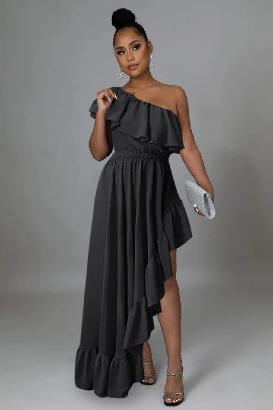 RUFFLED SLOPING SHOULDER SIDE SLIT PROM MAXI DRESSES Stylish One-Shoulder Maxi Dress RUFFLED SLOPING SHOULDER SIDE SLIT PROM MAXI DRESSES Stylish One-Shoulder Maxi Dress