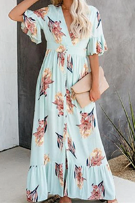 Ruffled V-neck Printed Maxi Dress Trendy Fit-and-Flare Maxi Dress