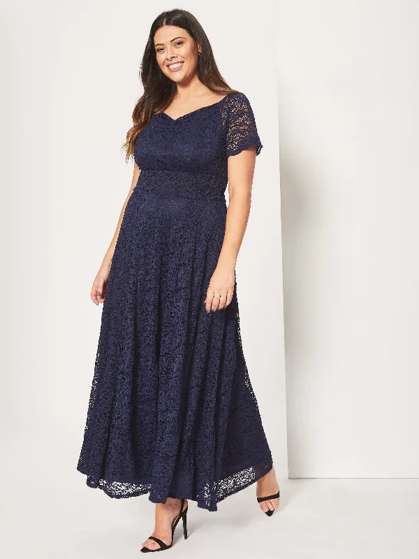 Samantha Navy Lace On or Off The Shoulder Sweetheart Maxi Dress Comfortable Fit-and-Flare Maxi Dress