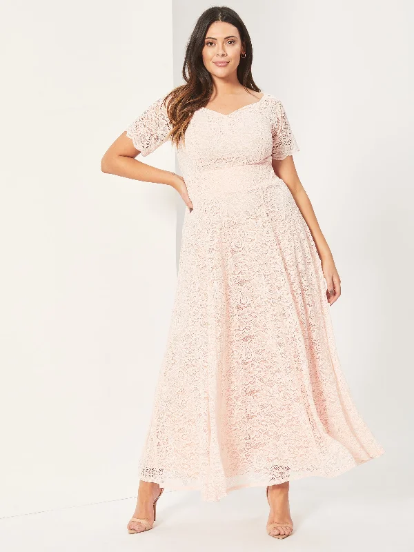 Samantha Pink Lace On or Off The Shoulder Sweetheart Maxi Dress Fashionable Sheer Maxi Dress