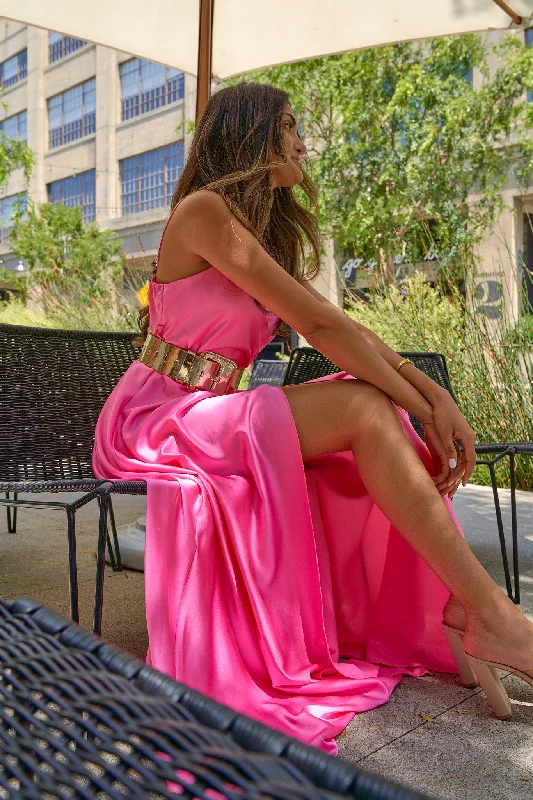 Satin Front Slit Maxi Dress Classic V-Neck Maxi Dress