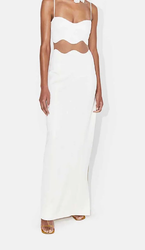 SCALLOPED MESH INSERT MAXI DRESS IN WHITE Comfortable Bohemian Maxi Dress