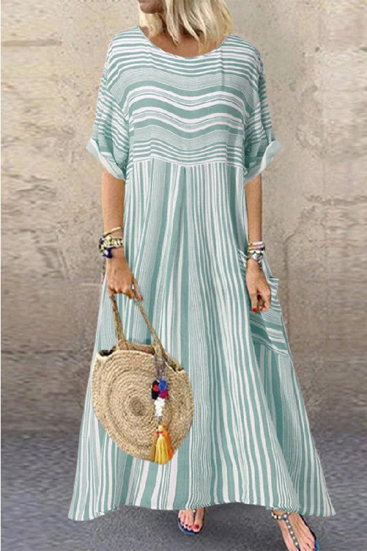 Scoop Striped Pocket Maxi Dress Stylish Pleated A-Line Maxi Dress