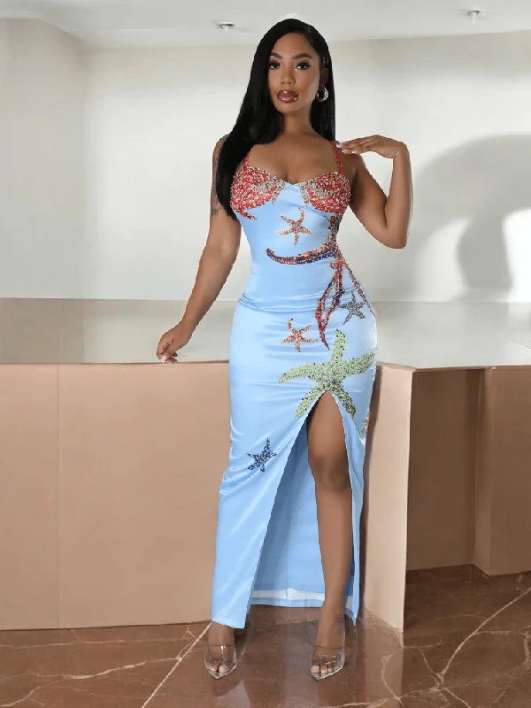 Sea Lovers Starfish Beads Satin Maxi Dress Elegant Lace-Up Maxi Dress