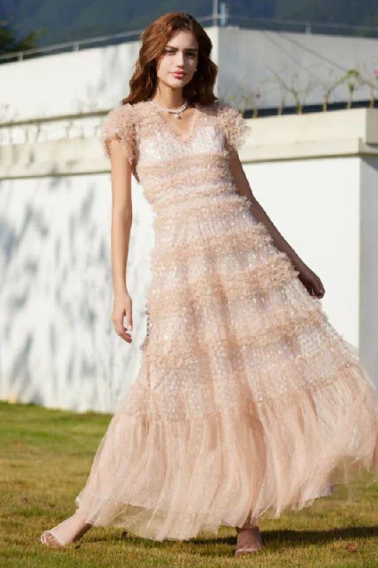 Sequin Layered Ruffle Tulle Maxi Dress Stylish Maxi Dress with Pleats