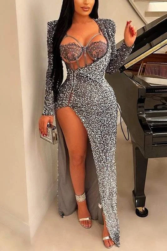 SEQUINS LONG SLEEVE MAXI DRESS Comfortable Satin Maxi Dress