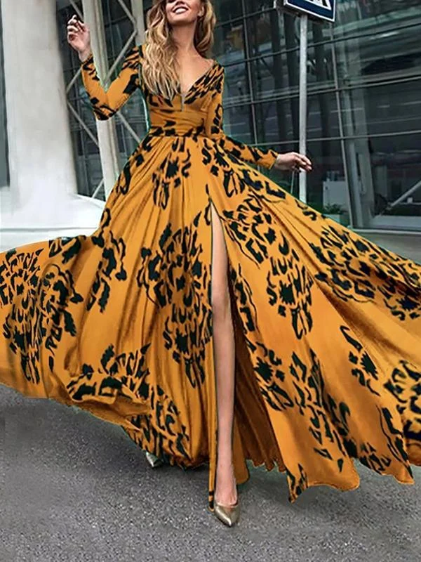 Sexy Deep V-neck Long Sleeve Maxi Dress Evening Gown Chic Boho Print Maxi Dress