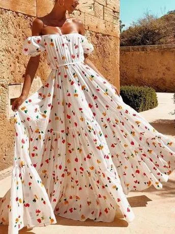 Sexy Off-the-shoulder Tube Top Print Maxi Dress Fashionable Sheer Maxi Dress