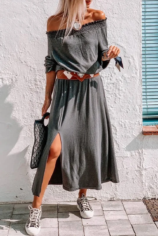 Shirred Off Shoulder Maxi Dress with Split Fashionable Chiffon Maxi Dress