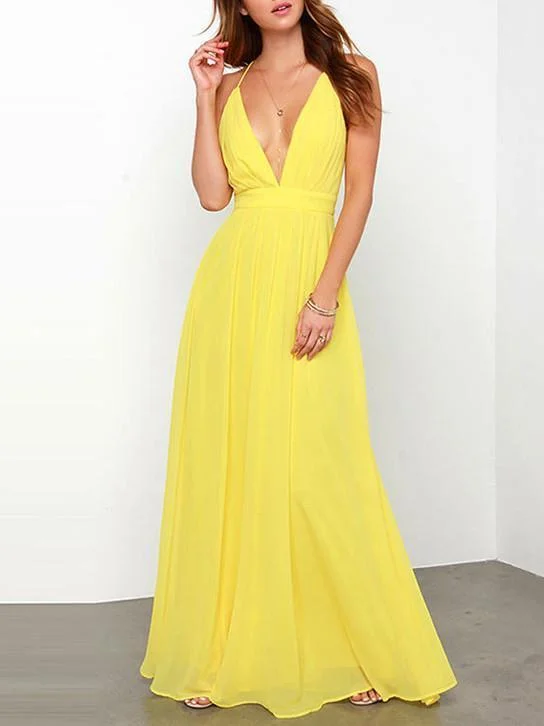 Simple Deep V-neck Backless Sleeveless Bohemian Maxi Dress Comfortable Maxi Dress with Slits