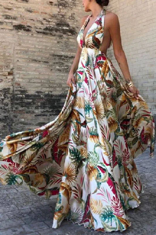 Sleeveless Halter Printed Maxi Dress Fashionable Chiffon Maxi Dress