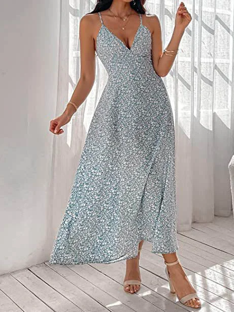 Sleeveless V Neck Flowy Spaghetti Strap Maxi Dress Comfortable Maxi Dress with Belt