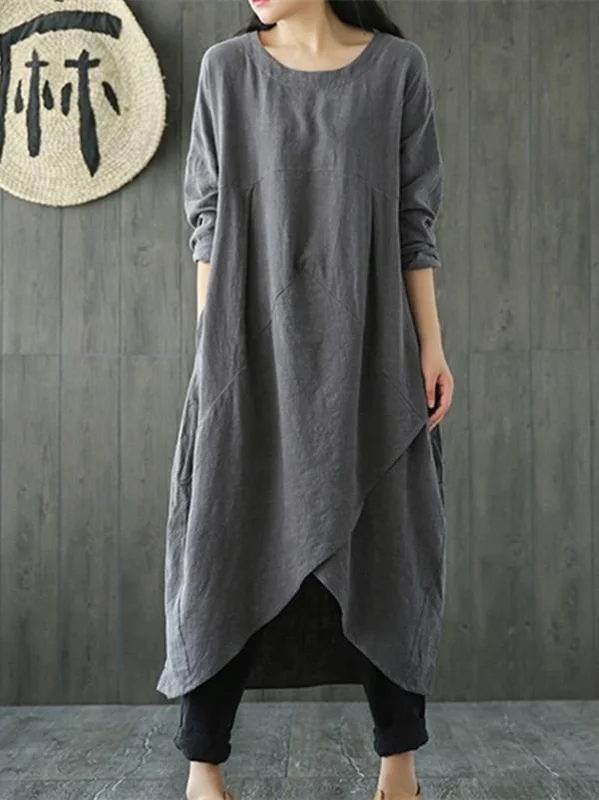 Solid Color Linen Cotton Loose Maxi Dress Cozy Maxi Dress with Slit