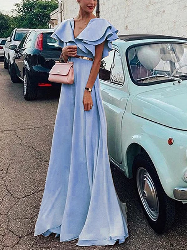 Solid Color V Neck Elegant Evening Party Maxi Dress Elegant Maxi Dress with Ruffles