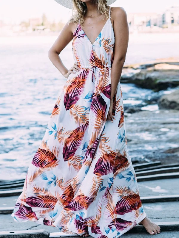 Spaghetti Stripe Printed Beach Bohemia Maxi Dress Cozy Cold-Shoulder Maxi Dress