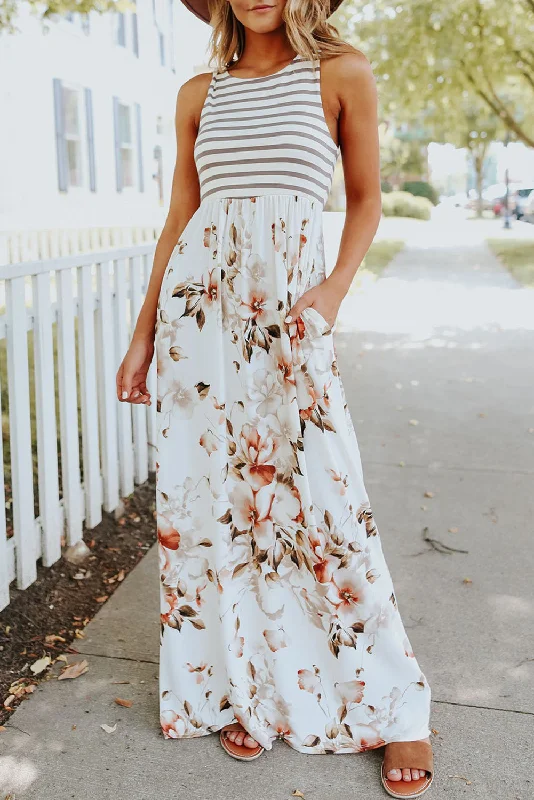 Striped Floral Print Sleeveless Maxi Dress with Pocket Fashionable Chiffon Tiered Maxi Dress