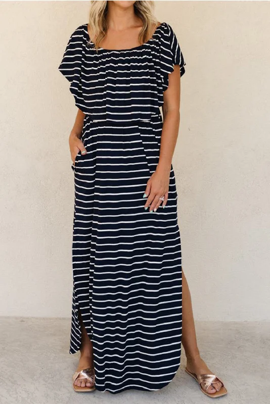 Striped Print Ruffled High Waist Maxi Dress with Side Splits Elegant Lace-Up Maxi Dress Striped Print Ruffled High Waist Maxi Dress with Side Splits Elegant Lace-Up Maxi Dress