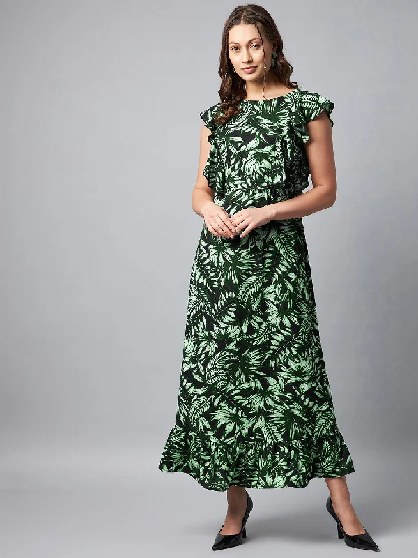 Green & Black Polyester Puff Sleeve Smock Floral Maxi Dress Comfortable Bohemian Maxi Dress