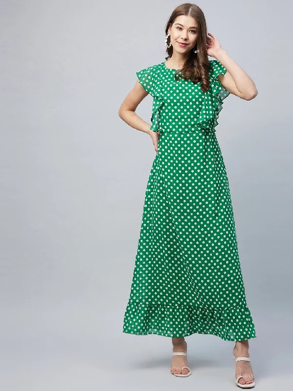 Green Polyester Polka Maxi Dress With Flutter Sleeves Comfortable Ruffle Maxi Dress