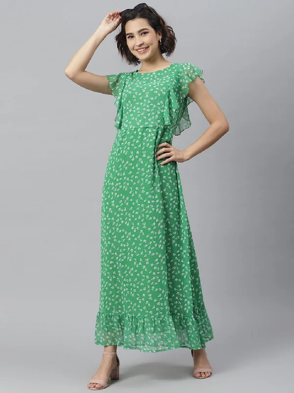 Green Polyester Printed Maxi Dress Cozy Wrap Maxi Dress