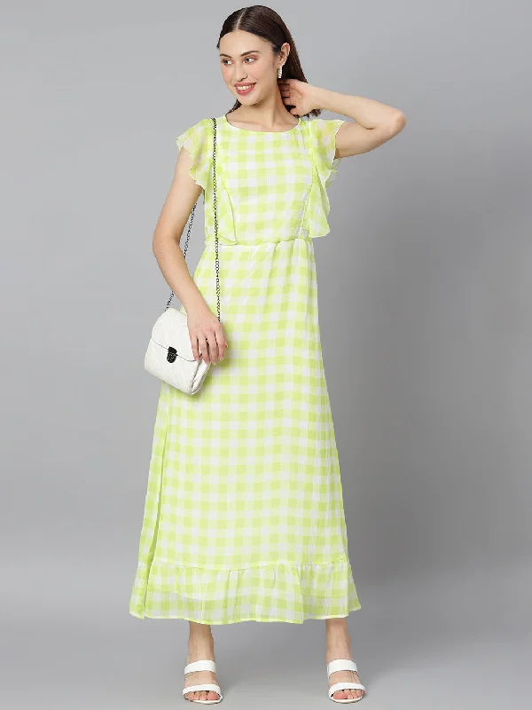 Green & White Polyester Check Maxi Dress Comfortable Maxi Dress with Belt