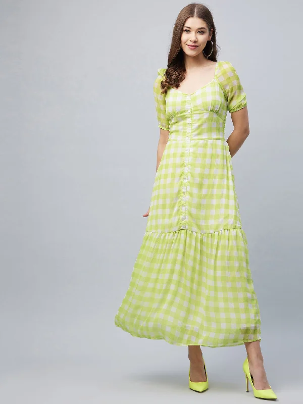 Lime Green Poly-Georgette Checkered Maxi Dress Fashionable Open-Back Maxi Dress