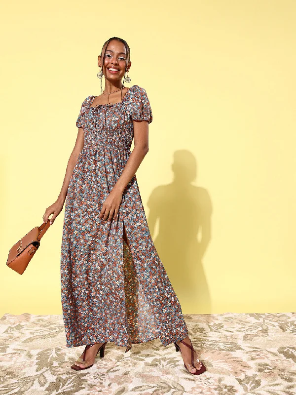 Multicolor Polyester Moss Floral Maxi Dress with Puffed Sleeve Comfortable Ruffle Hem Maxi Dress