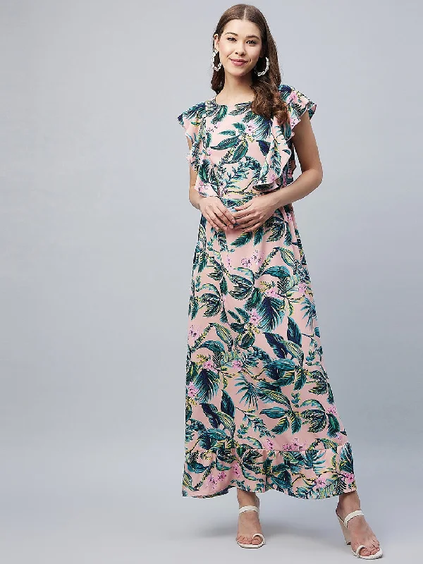 Multicolour Poly-Crepe Floral Maxi Dress With Flutter Sleeves Comfortable Maxi Dress with Slits