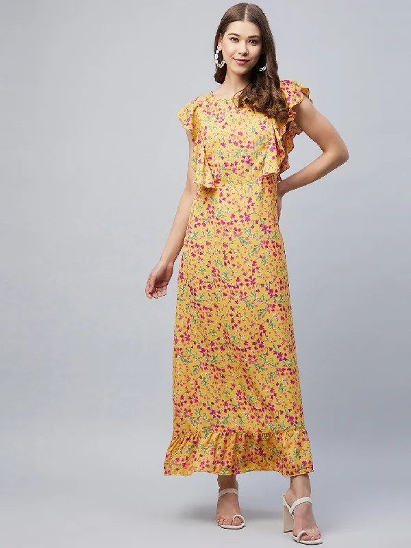 Mustard Polyester Floral Maxi Dress With Flutter Sleeves Classic Solid Maxi Dress