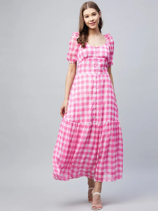 Pink Poly-Georgette Checkered Maxi Dress Cozy Maxi Dress with Slit