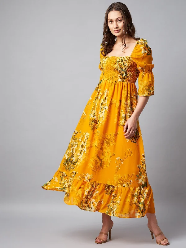 Yellow Georgette Puff Sleeve Smocked Floral Maxi Dress Trendy Maxi Dress with Lace