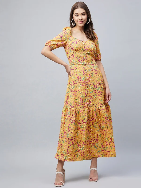 Yellow Polyester Moss Floral Maxi Dress Trendy Floral Print Maxi Dress