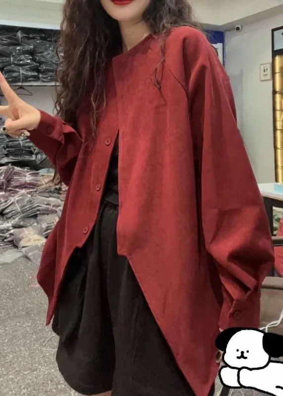 Stylish Red Asymmetrical Button Cotton Blouses Fall Satin Bow Blouse