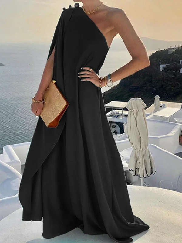 Summer Fashion Skew Collar Backless Beach Dresses Elegant Solid One Shoulder Big Hem Dress Women Irregular Loose Slit Maxi Dress Comfortable Satin Maxi Dress