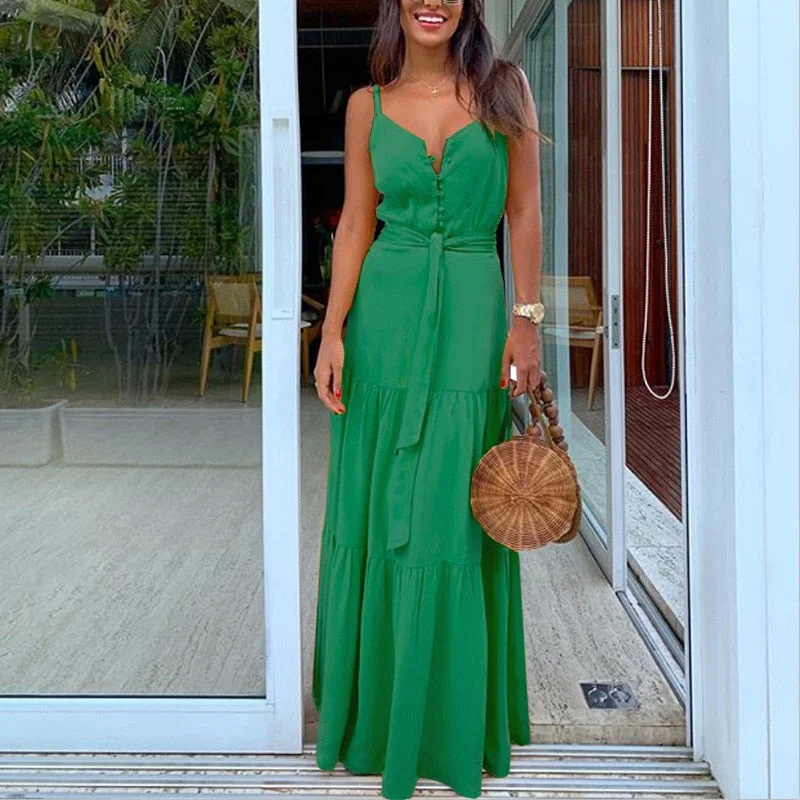 Summer Green Tunic Maxi Dress V Neck Robe Femme Belt Elegant Ruffles Party Long Dresses Spaghetti Strap Casual Vestidos Mujer Cozy Knitted Maxi Dress