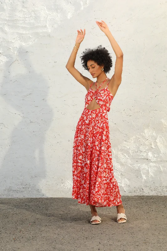 Red Rayon Floral Printed Temptation Maxi Dress Chic Summer Floral Maxi Dress