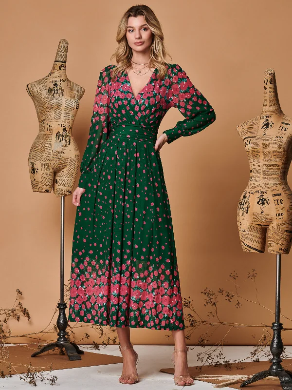 Symmetrical Print Mesh Maxi Dress, Green Floral Cozy Wrap Maxi Dress