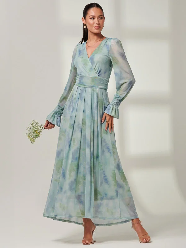 Tie Dye Print Mesh Maxi Dress, Green Multi Comfortable Long-Sleeve Maxi Dress