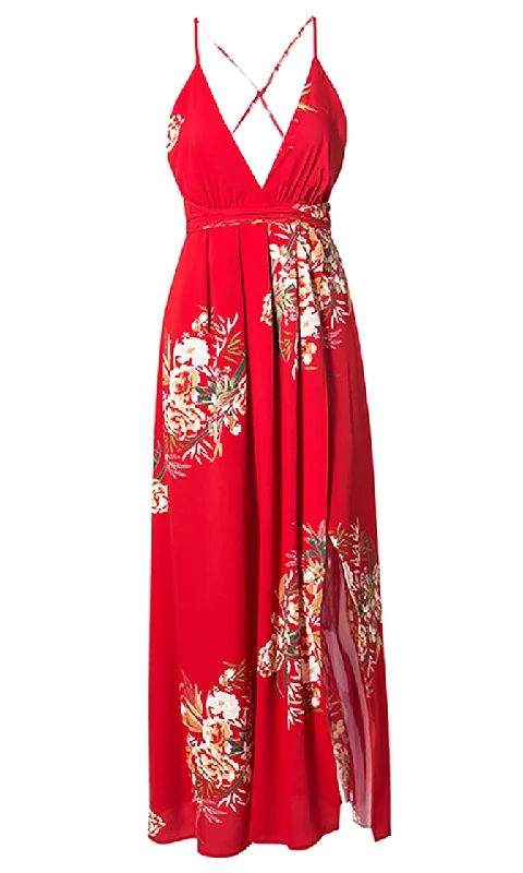 Tropical Mood Red Floral Sleeveless Spaghetti Strap V Neck X Back Slit Casual Maxi Dress Stylish A-Line Maxi Dress
