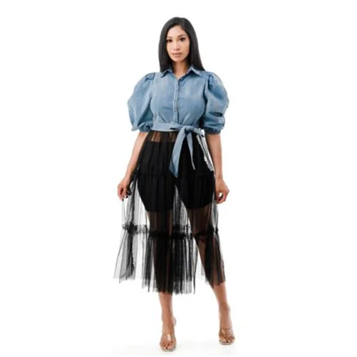 Tulle Long Smocked Maxi Top Blouse, Plus Size Silky Tunic Blouse