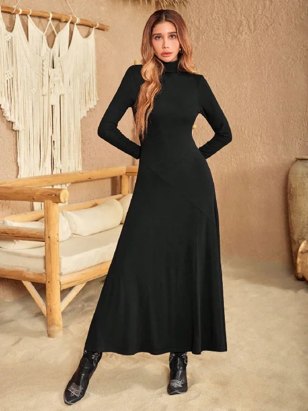 Turtleneck Long Sleeve Maxi Dress Classic Black Maxi Dress