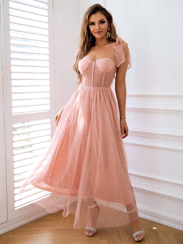 Twilight Elegance Rhinestone Tulle Maxi Dress Chic Off-Shoulder Maxi Dress